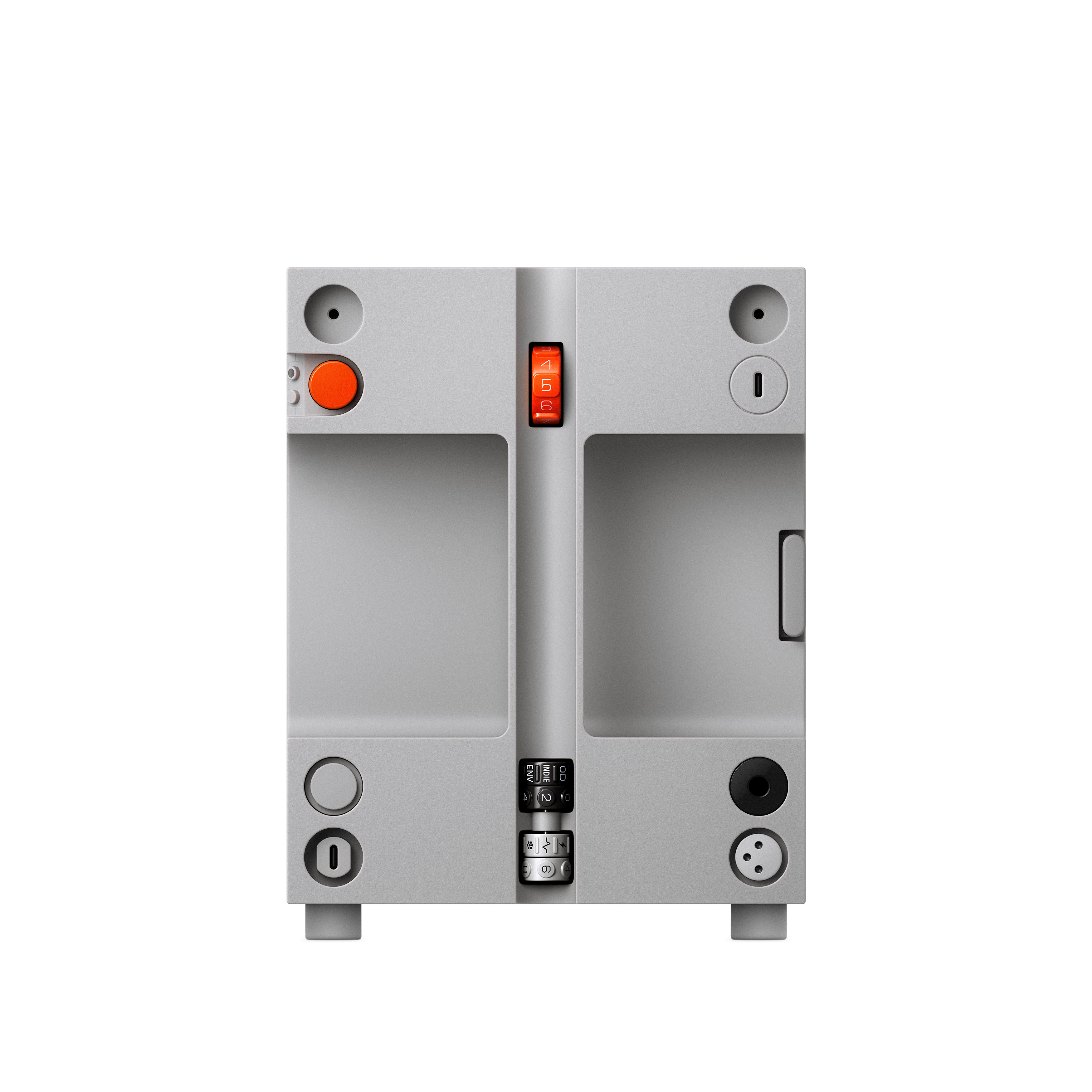 Elektronikgerät, graues Gehäuse, orangefarbenes Display, Bedientasten, Anschlüsse